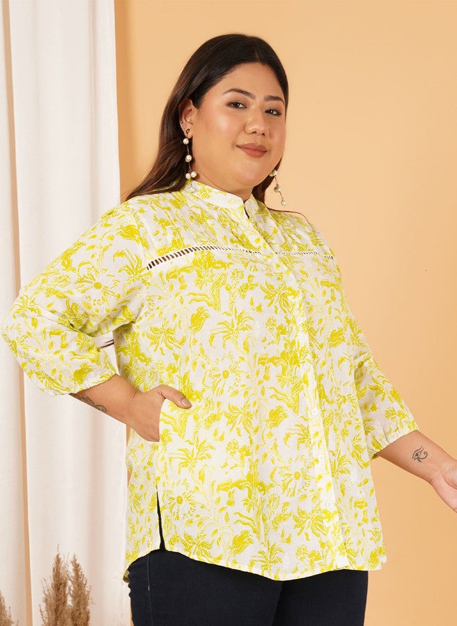 Indietoga Inditoga Women Plus Size Floral Printed Mandarin Collar Cotton Tunic - Image 3